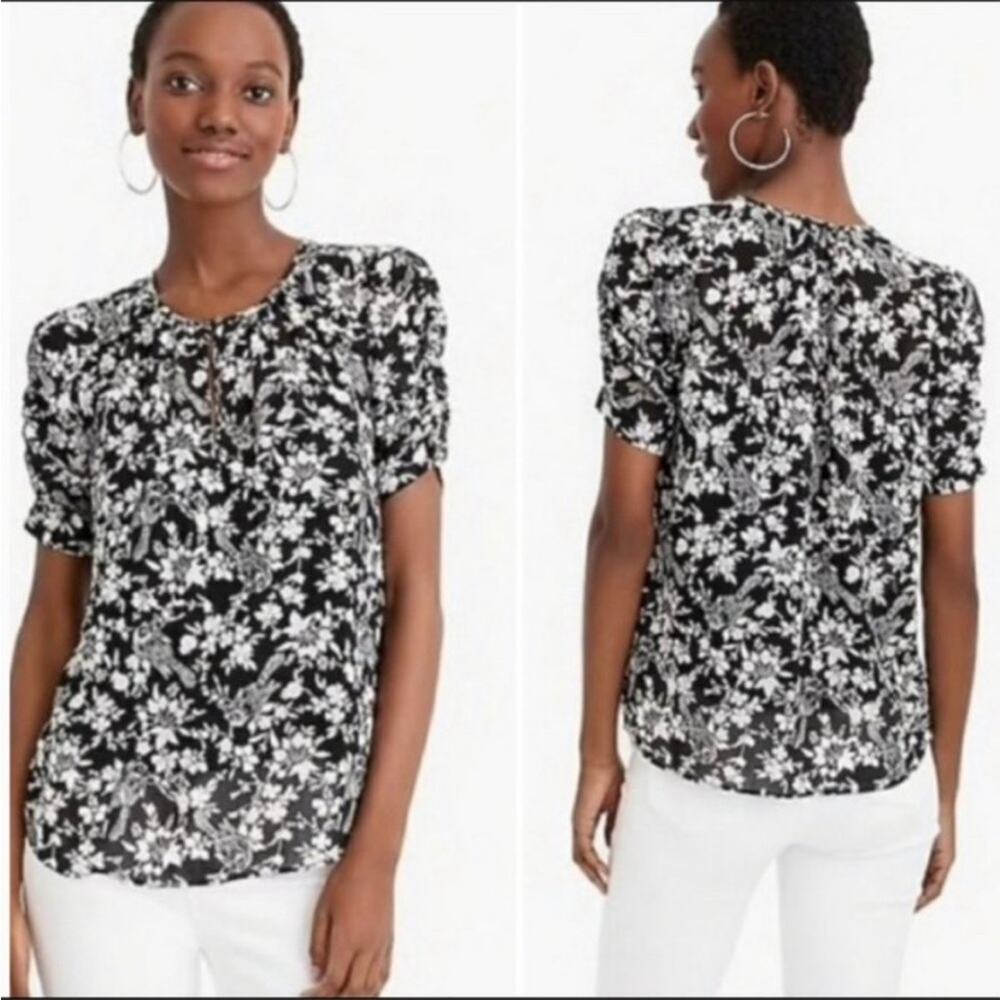 J. Crew Blouse Sheer Bird Floral Print Black XXS Ruched Short Sleeve Top